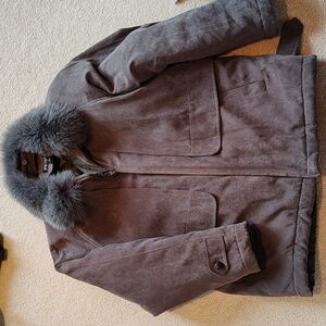 Beautiful real fox trim slate grey winter coat.